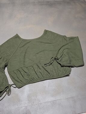 aerie Olive Green Cropped Peasant Top with Tie Sleeves